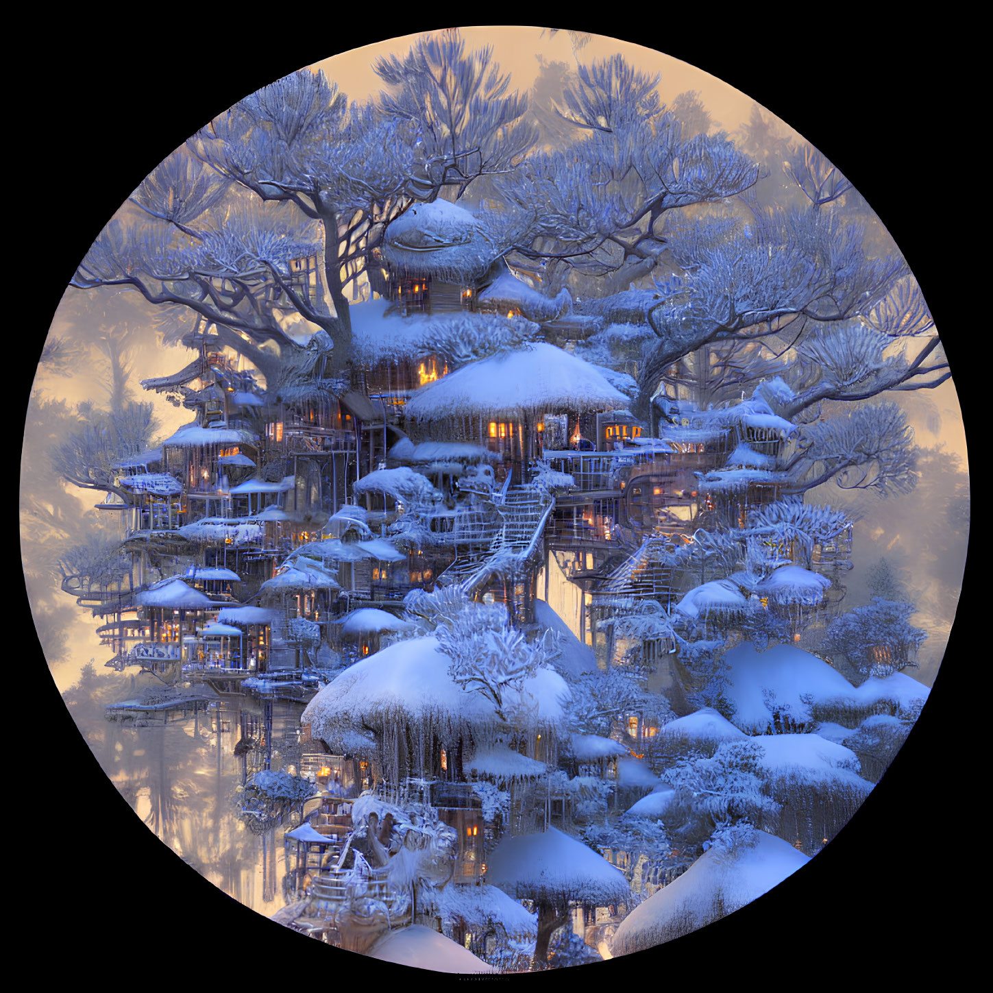 Intricate treehouse village in snowy winter forest