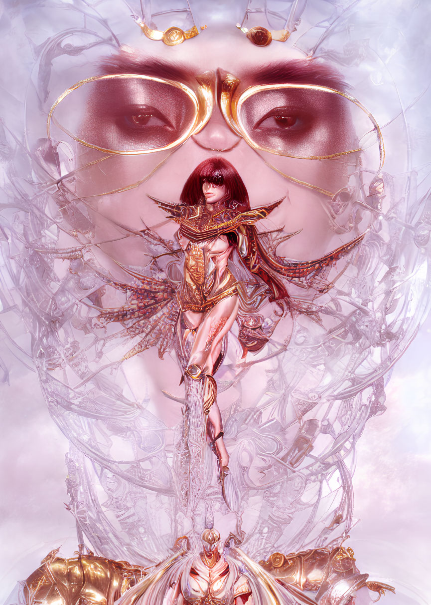 Fantasy-themed illustration of warrior woman in golden armor with giant ethereal face.