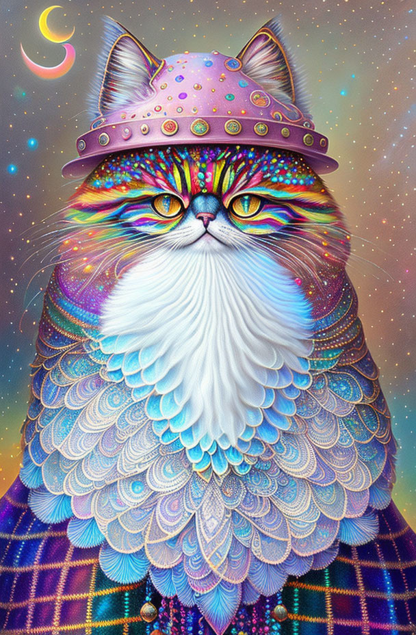 Colorful Cat with Bejeweled Hat on Cosmic Background