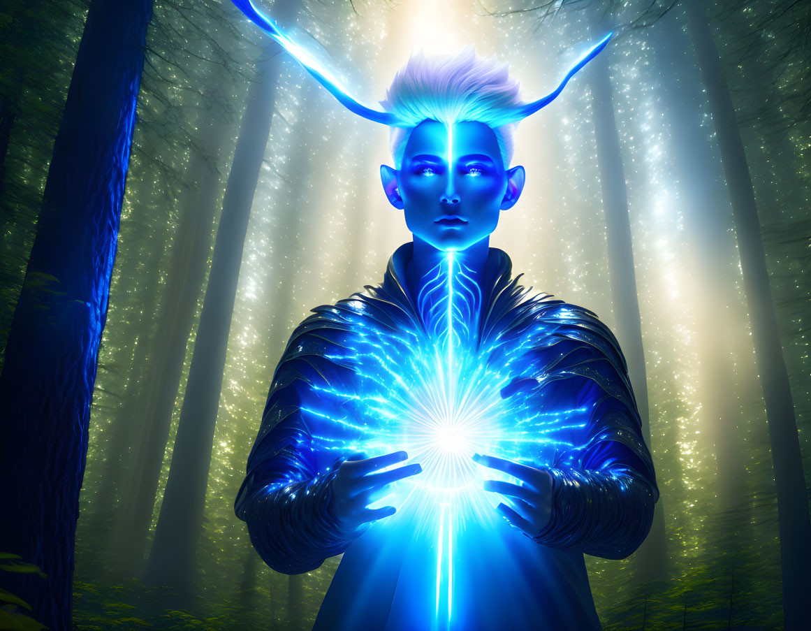 Blue-glowing antlered mystical creature with orb in ethereal forest