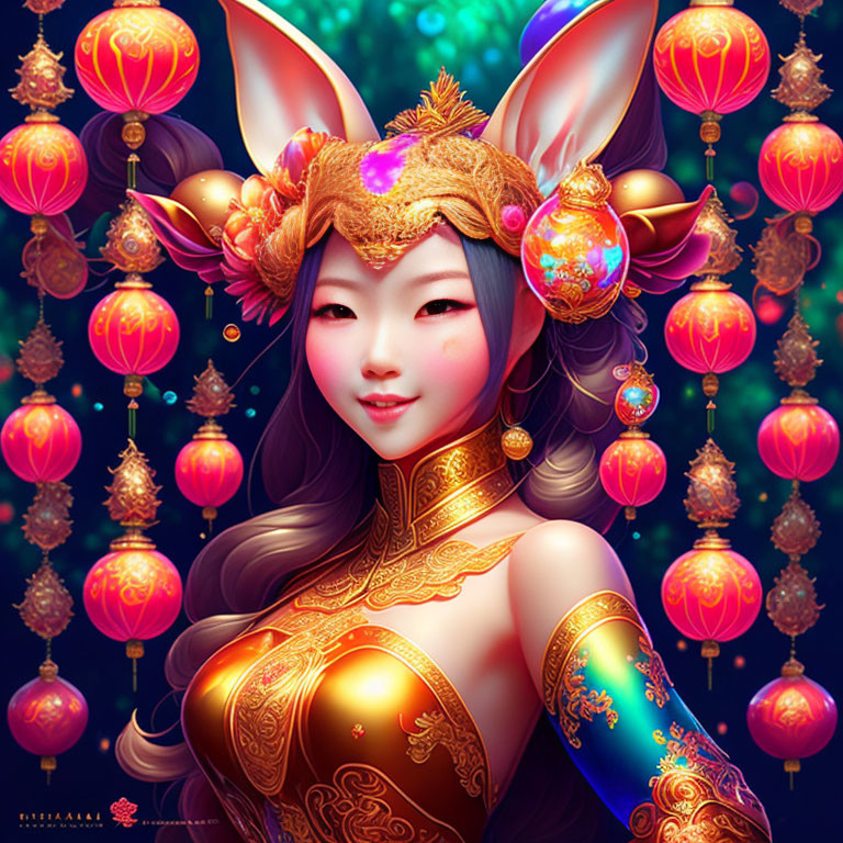 Digital Artwork: Woman with Fox-like Ears in Golden Attire and Red Lanterns