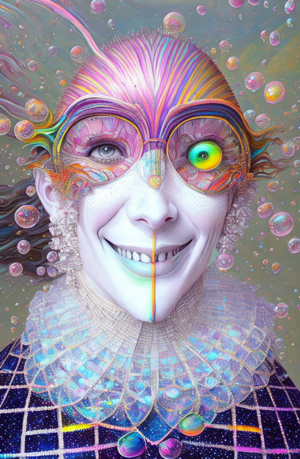 Vibrant surreal artwork of smiling person with split design