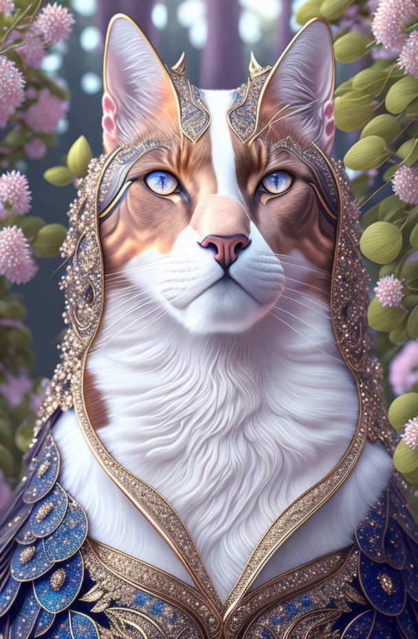 Regal cat with golden crown and armor among flowers.
