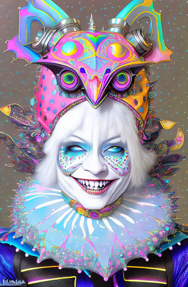 Colorful masquerade mask with feathers and bells on person with wide grin and ornate costume