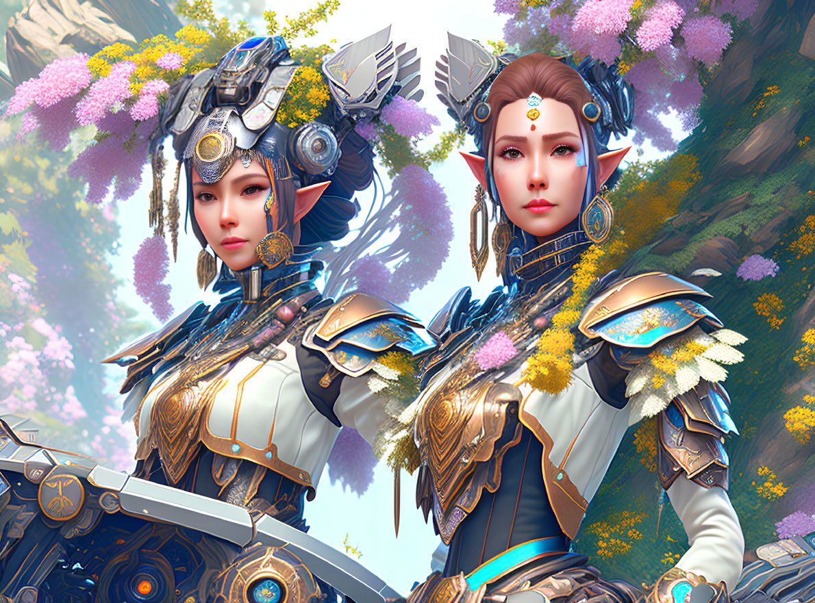 Futuristic armor with mechanical and floral designs on two female warriors