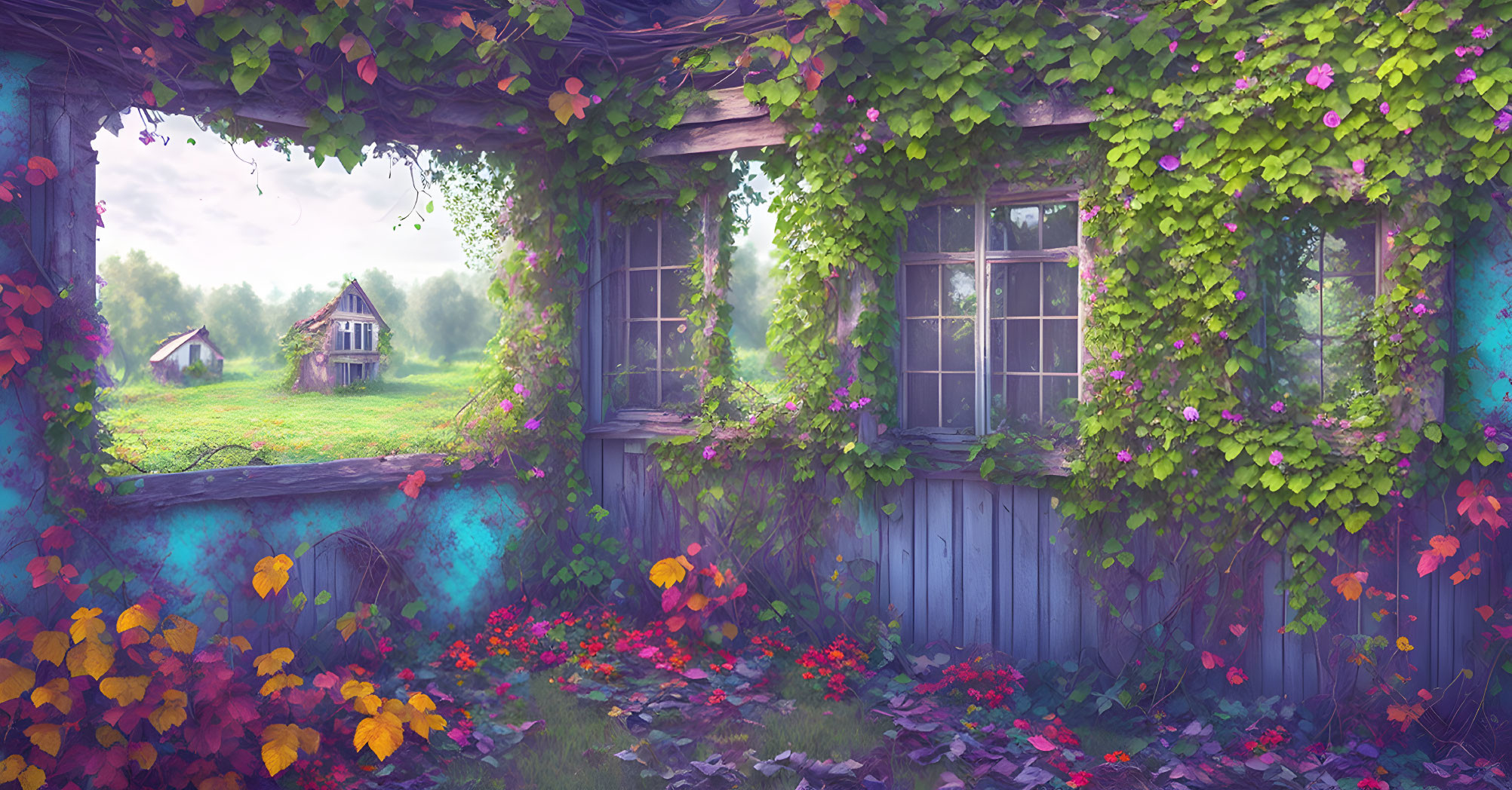 Weathered blue cottage surrounded by lush green vines and colorful flowers.