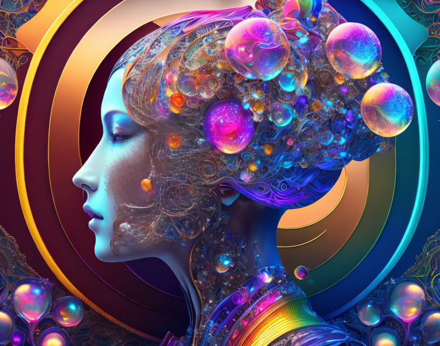 Colorful Digital Art: Woman's Profile with Intricate Designs and Shimmering Bubbles