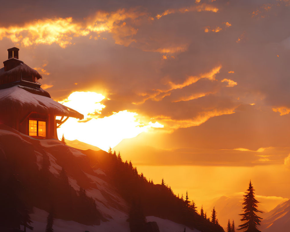 Snow-covered hill cabin in warm sunset glow with illuminated clouds.