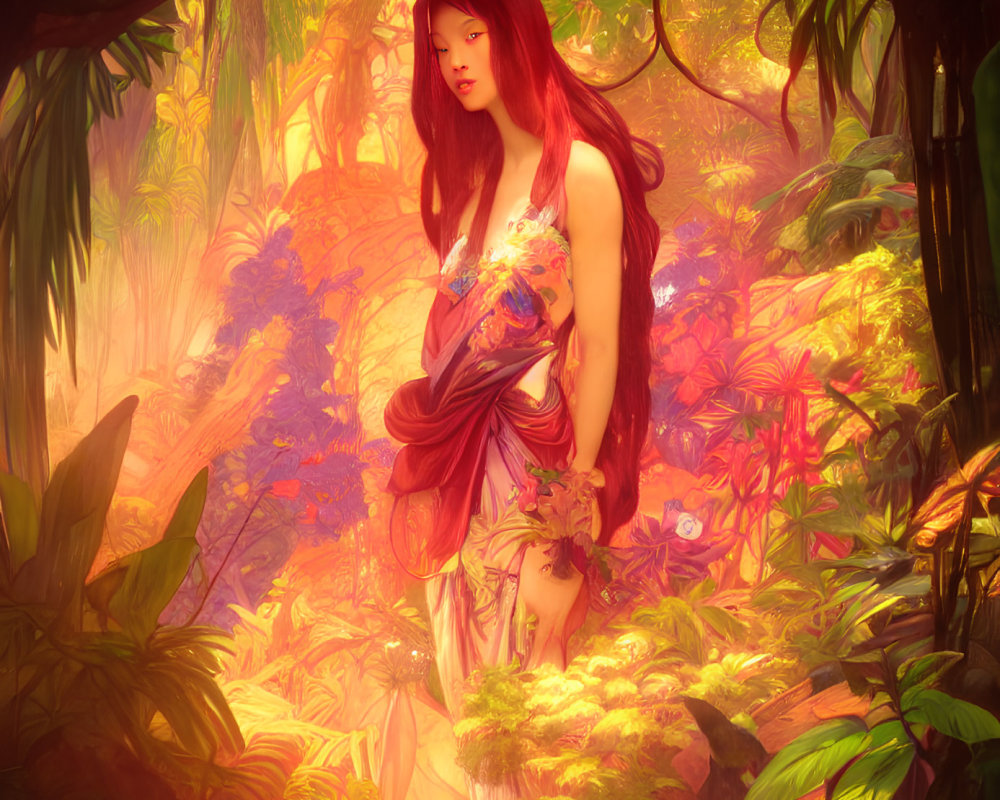 Red-haired woman in flowing dress in lush jungle with warm golden light.