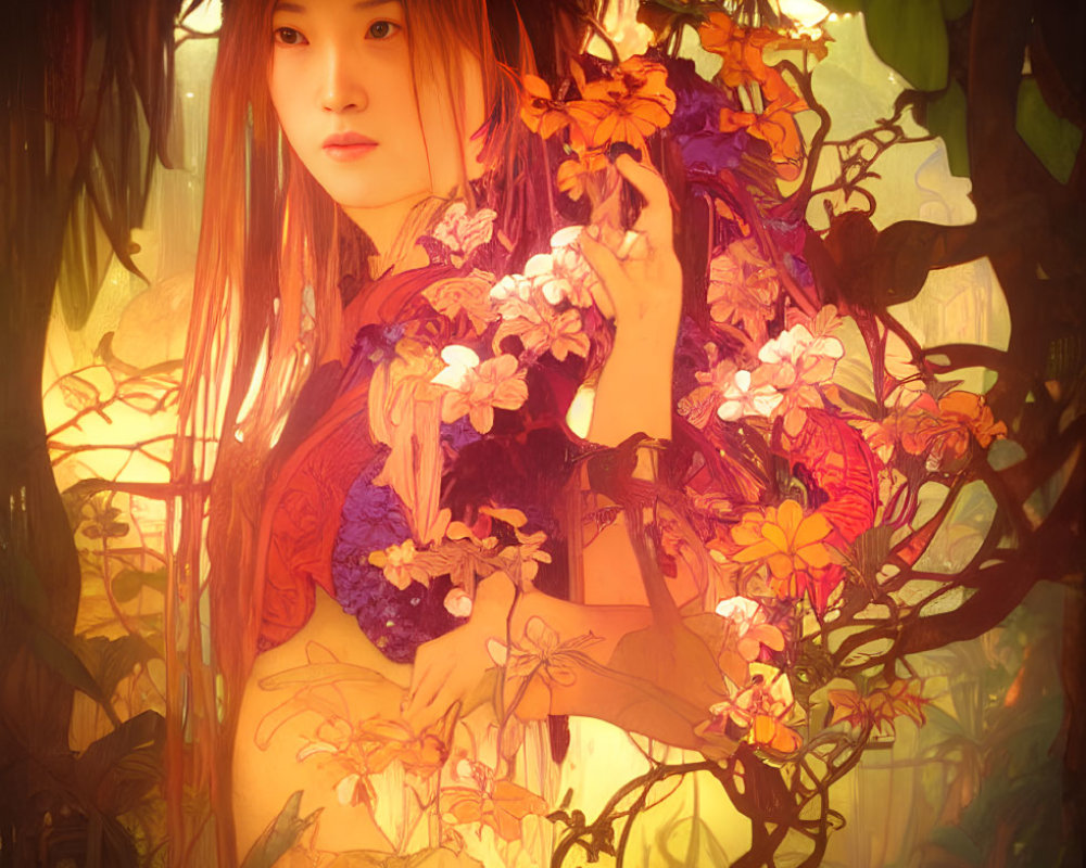 Mystical woman surrounded by vibrant flowers in digital illustration