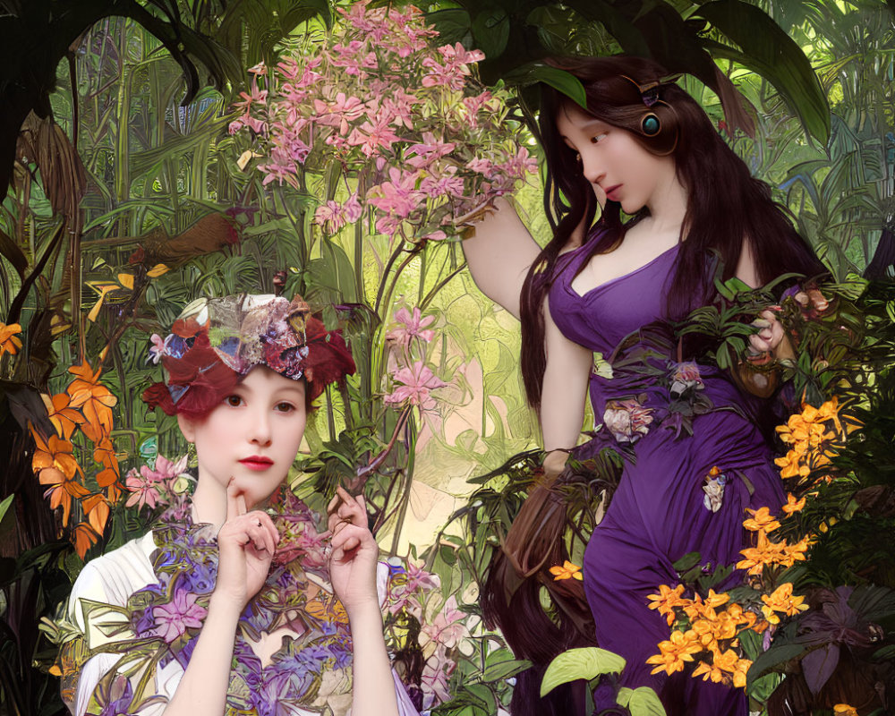 Two women in floral attire surrounded by lush foliage and colorful flowers