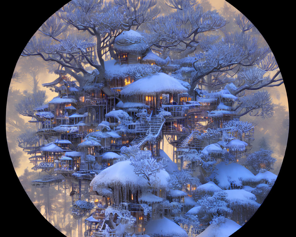 Intricate treehouse village in snowy winter forest