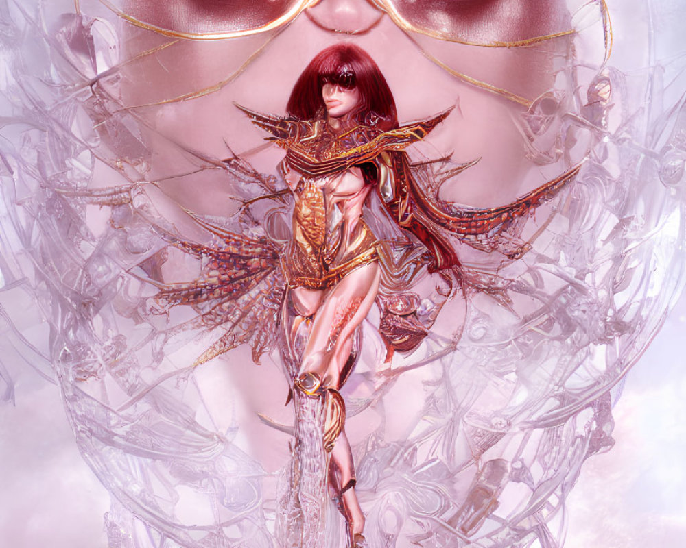 Fantasy-themed illustration of warrior woman in golden armor with giant ethereal face.