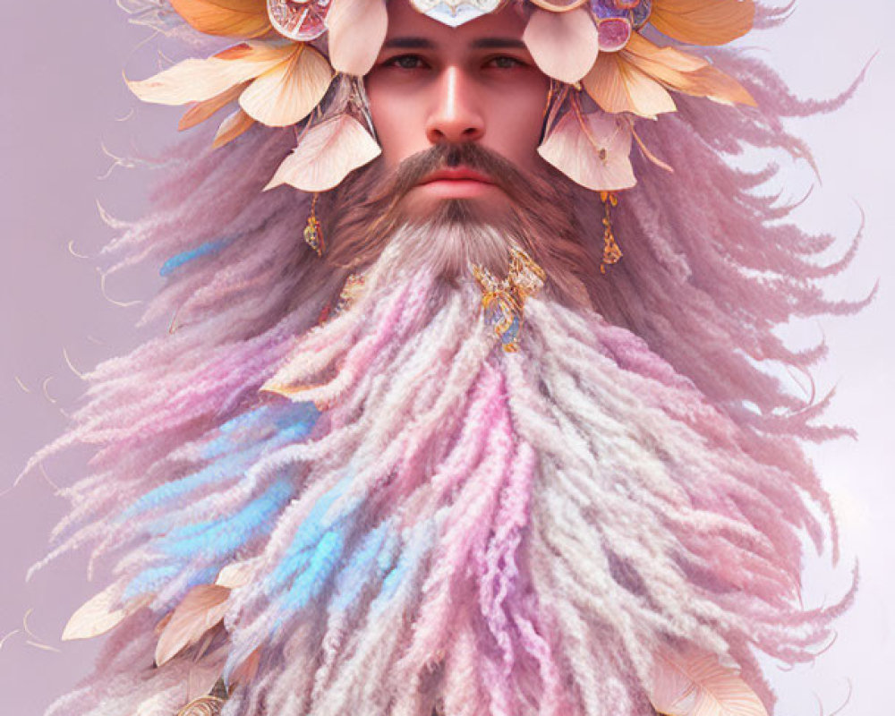 Male fantasy portrait with elaborate pastel-toned beard and ornate headdress.