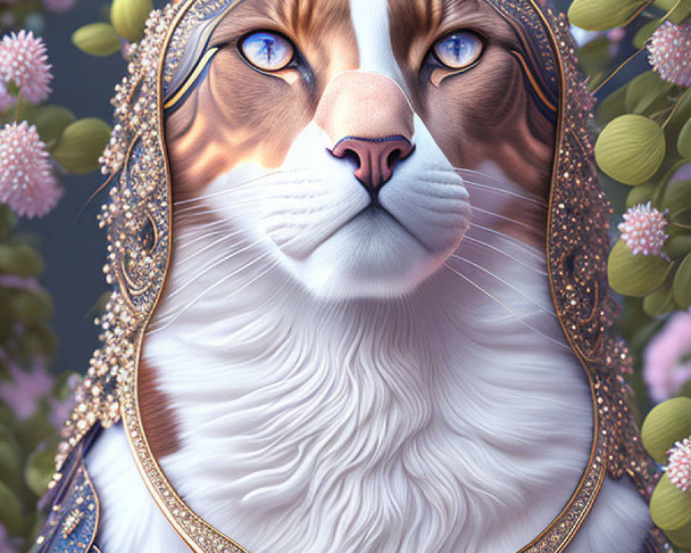 Regal cat with golden crown and armor among flowers.