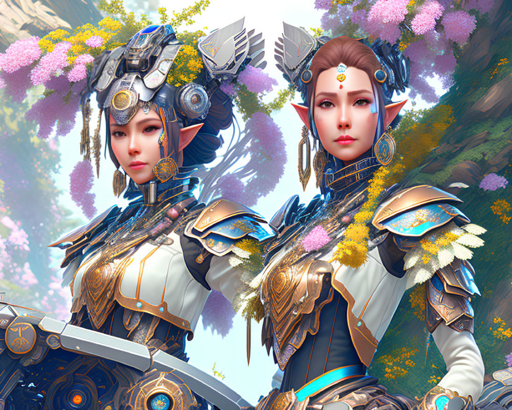 Futuristic armor with mechanical and floral designs on two female warriors