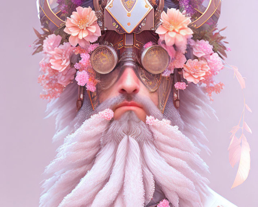 Person with Fantasy Headdress and Steampunk Goggles on Pink Background