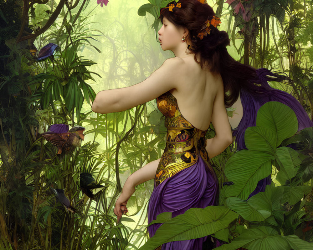 Woman with fairy wings in purple and gold dress in lush green forest.