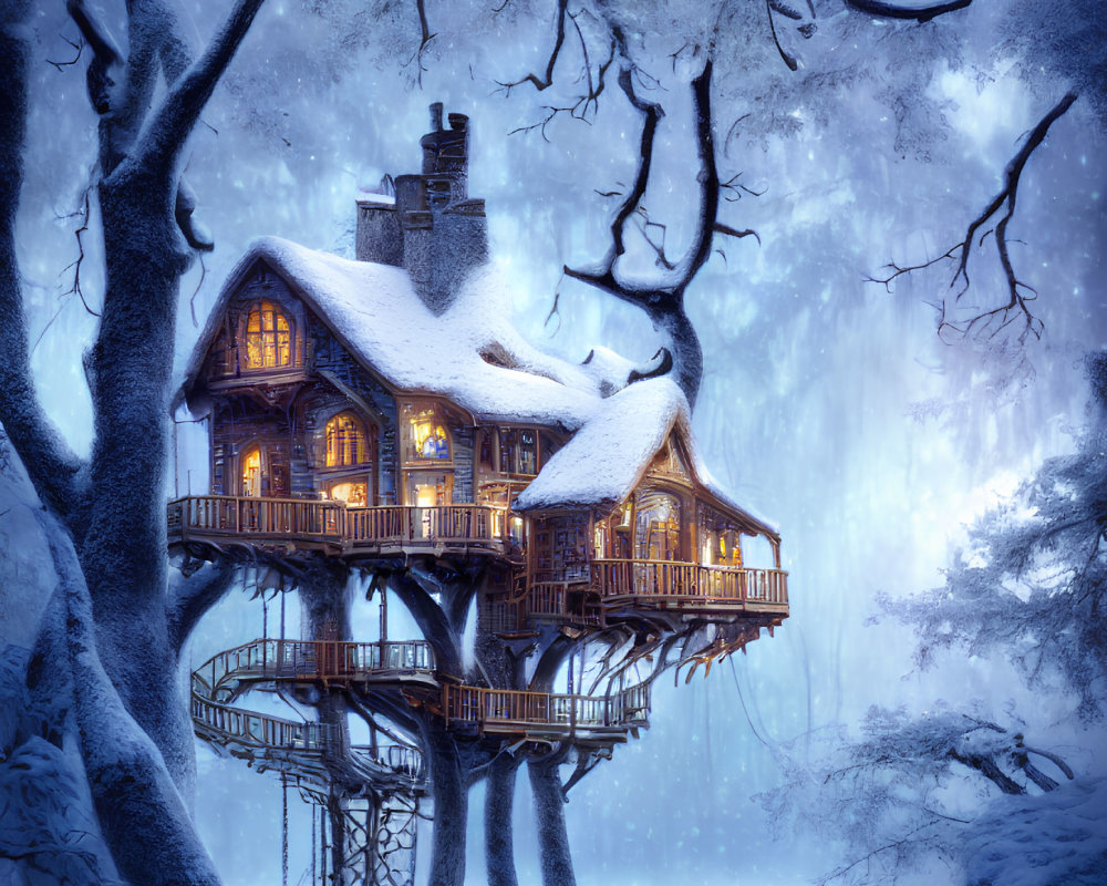 Snow-covered treehouse illuminated at twilight in winter forest