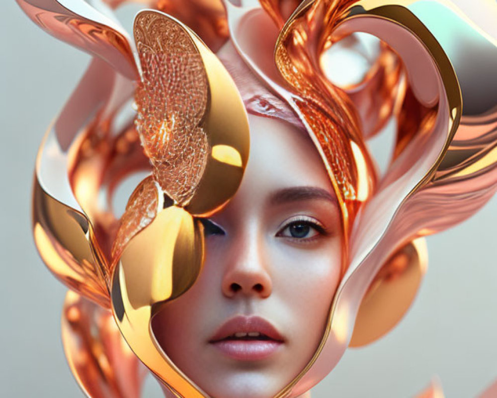 Abstract portrait of a woman in metallic swirls and organic textures