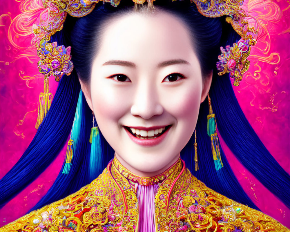 Traditional Chinese Attire Digital Artwork with Smiling Woman in Colorful Headdress