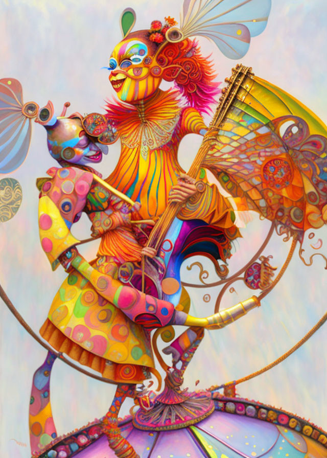 Colorful Fantasy Creature Playing Stringed Instrument with Butterfly Wings
