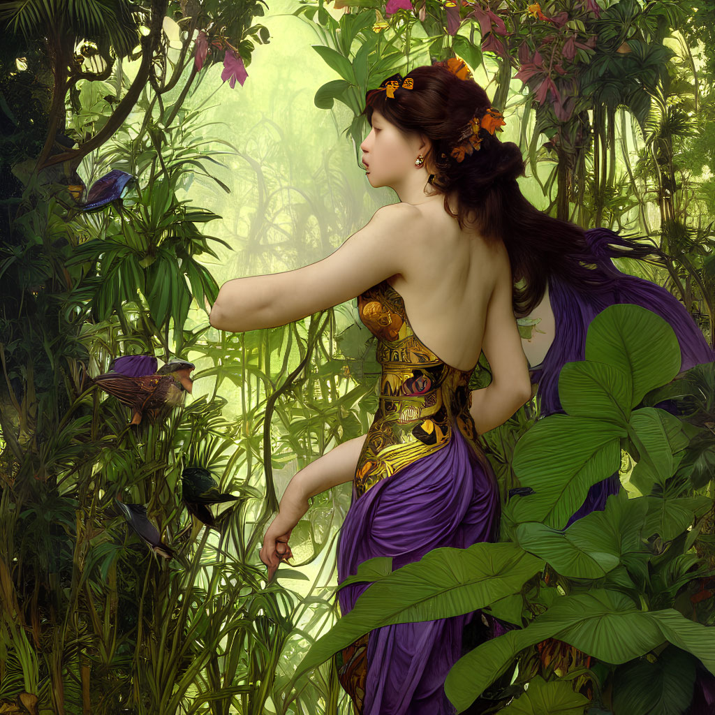 Woman with fairy wings in purple and gold dress in lush green forest.