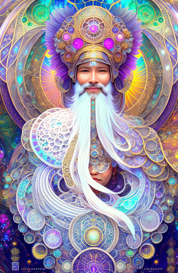 Colorful Illustration of Figure with White Beard and Ornate Headdress