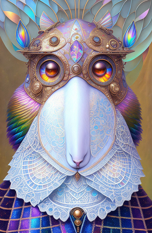 Surreal creature with owl-like eyes and ornate headdress