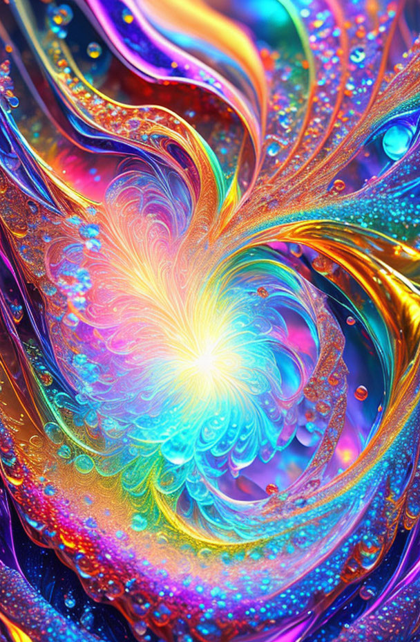 Colorful Abstract Art: Heart-shaped swirl with neon spectrum and intricate patterns