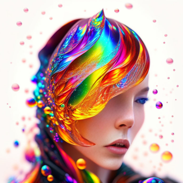 Colorful Woman with Iridescent Feather-Like Hair and Floating Orbs