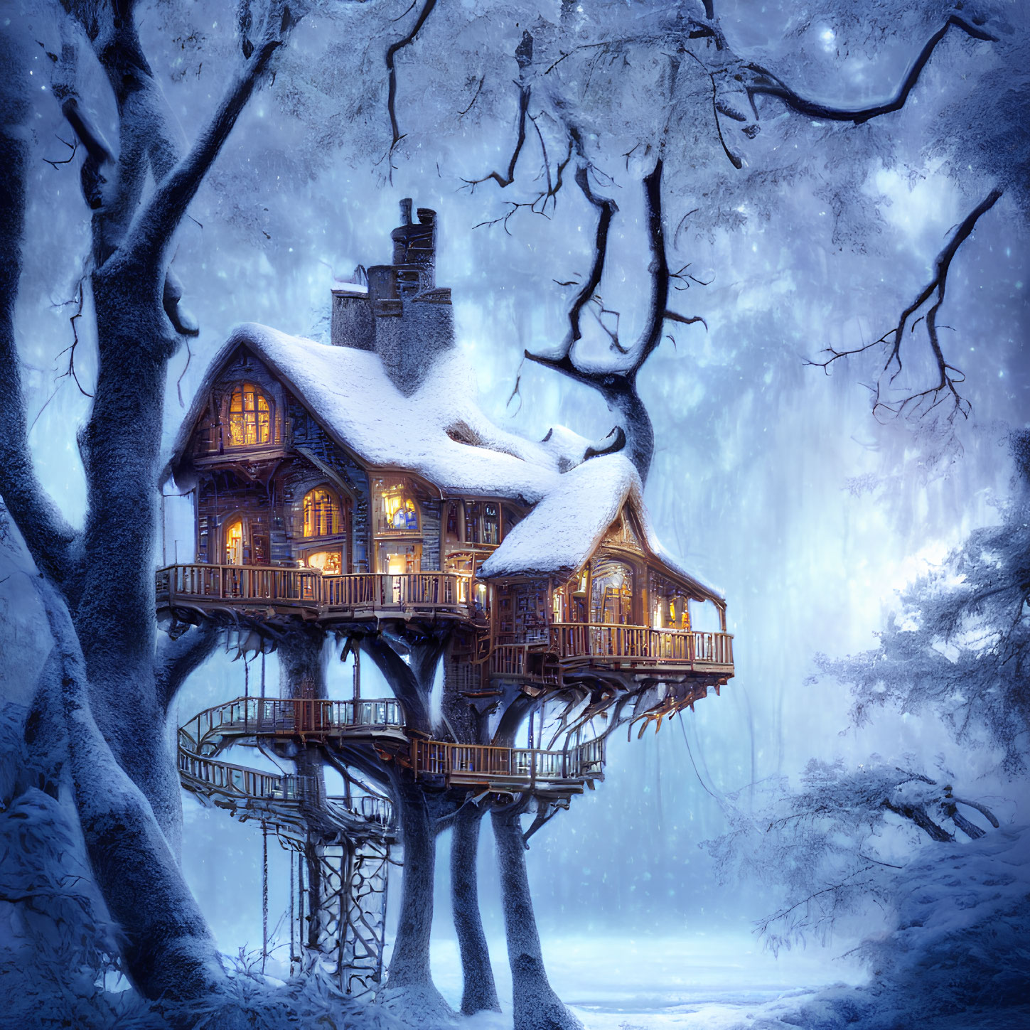 Snow-covered treehouse illuminated at twilight in winter forest