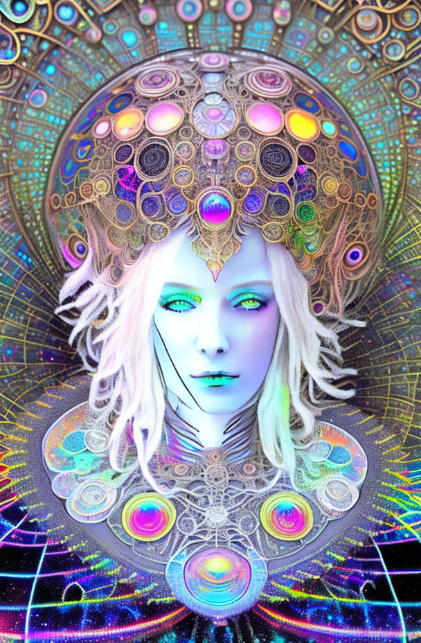 Vibrant psychedelic portrait with ornate headgear and mandala patterns