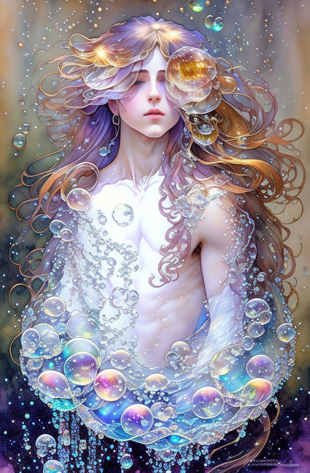Illustration of person with flowing hair and bubbles in starry setting