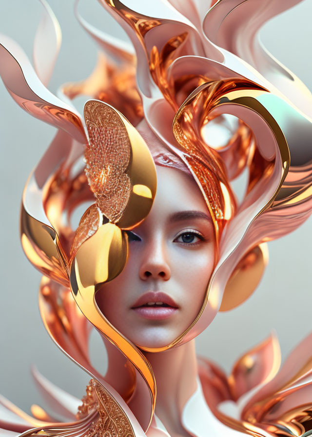 Abstract portrait of a woman in metallic swirls and organic textures