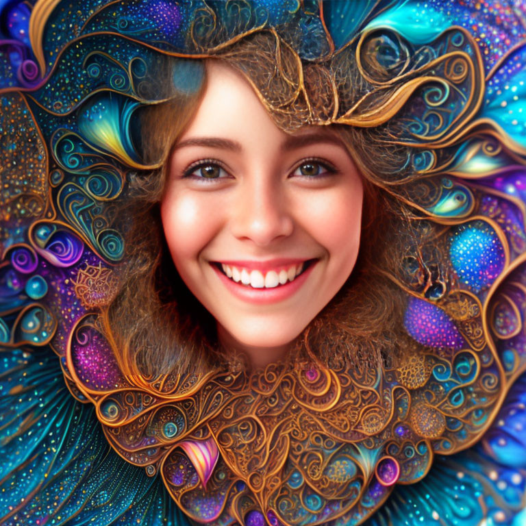 Colorful digital artwork: Smiling woman with whimsical hair and intricate patterns