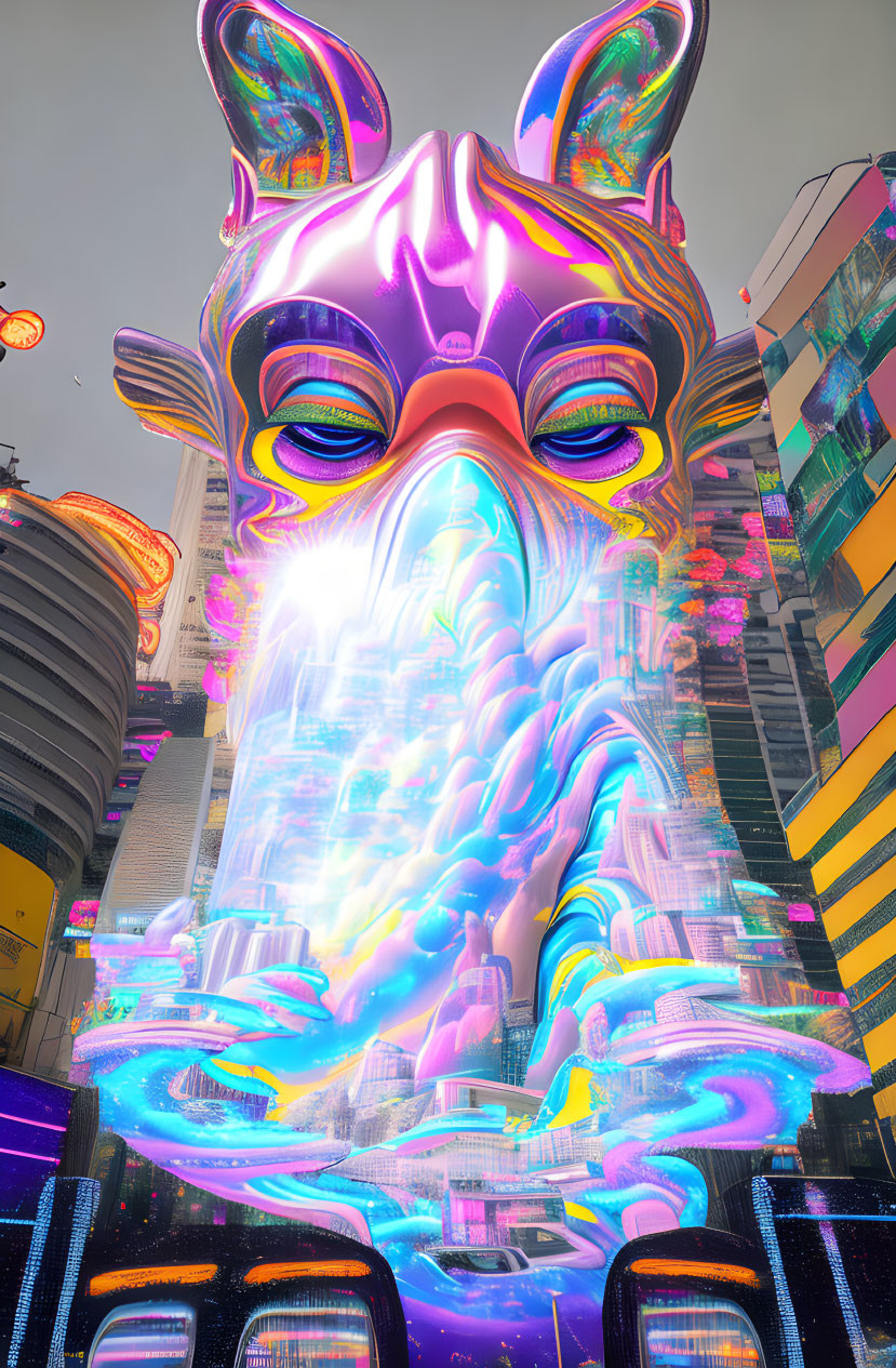 Neon-hued psychedelic French Bulldog in futuristic cityscape