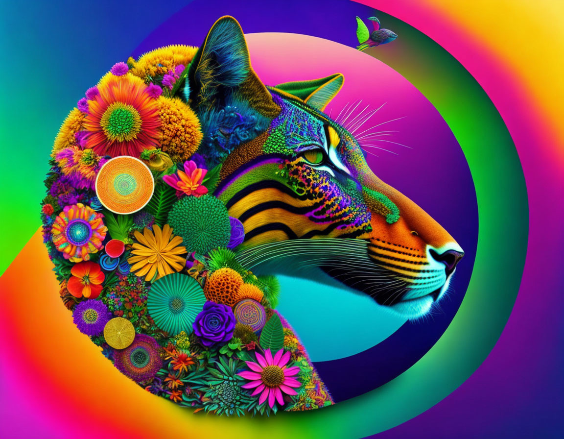 Colorful Digital Artwork: Cat Profile with Psychedelic Flora and Rainbow Background