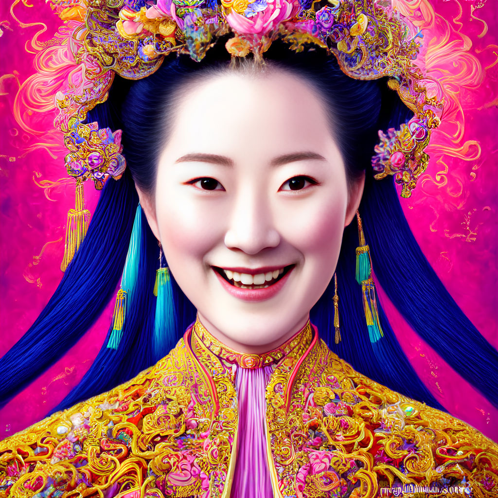 Traditional Chinese Attire Digital Artwork with Smiling Woman in Colorful Headdress