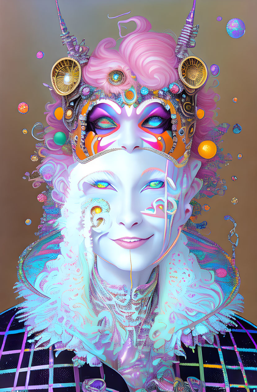 Colorful digital portrait with elaborate headgear and bubbles on brown backdrop