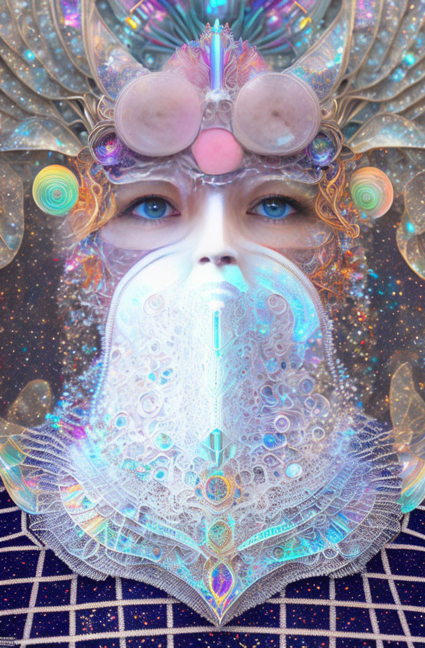 Surreal portrait of person with blue eyes in cosmic-themed headgear