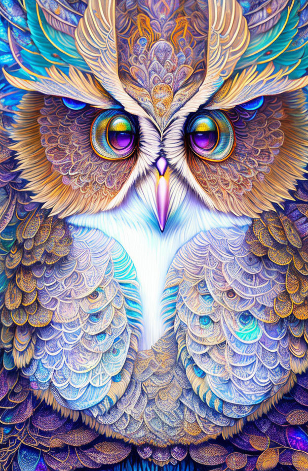 Colorful Owl Digital Artwork with Detailed Feathers and Hypnotic Eyes