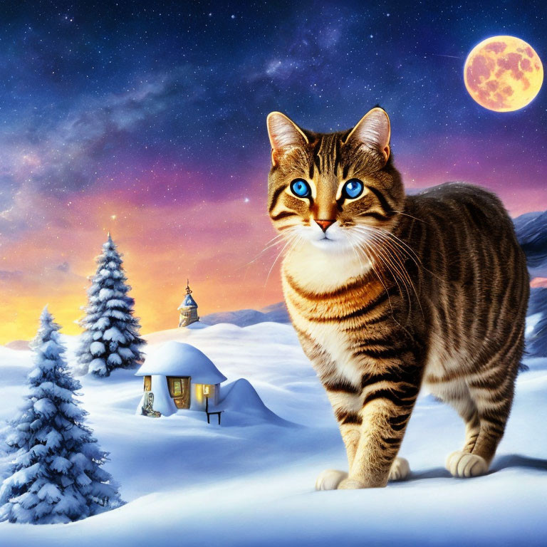 Tabby cat with blue eyes in snowy night landscape