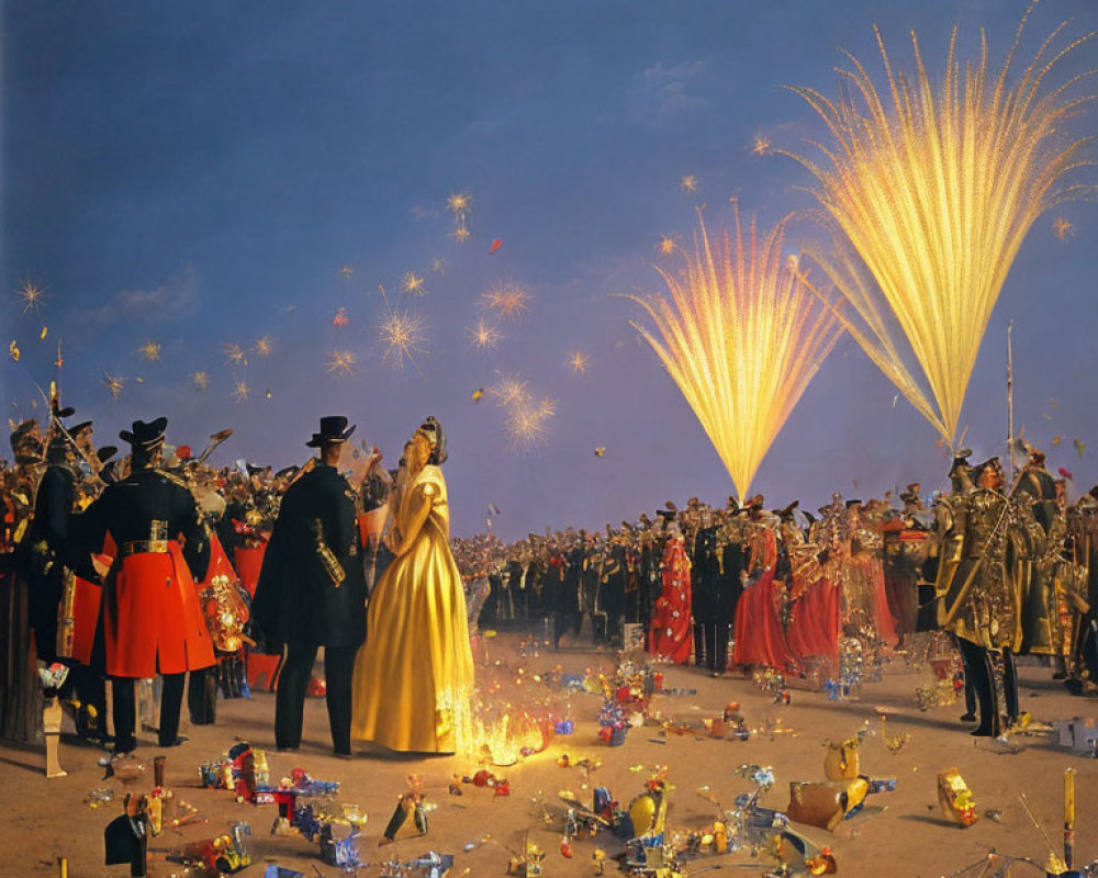 Historical costume party under fireworks at dusk with littered remnants.