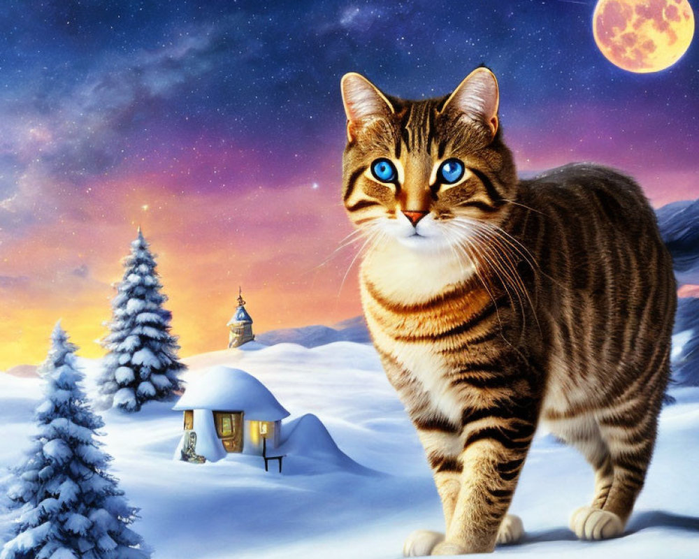 Tabby cat with blue eyes in snowy night landscape