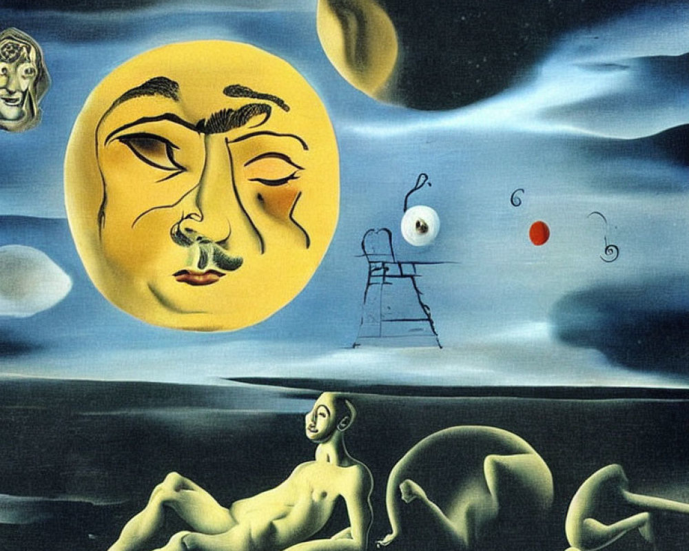 Surrealistic painting: distorted face, yellow sun, abstract shapes, reclining figure, lone