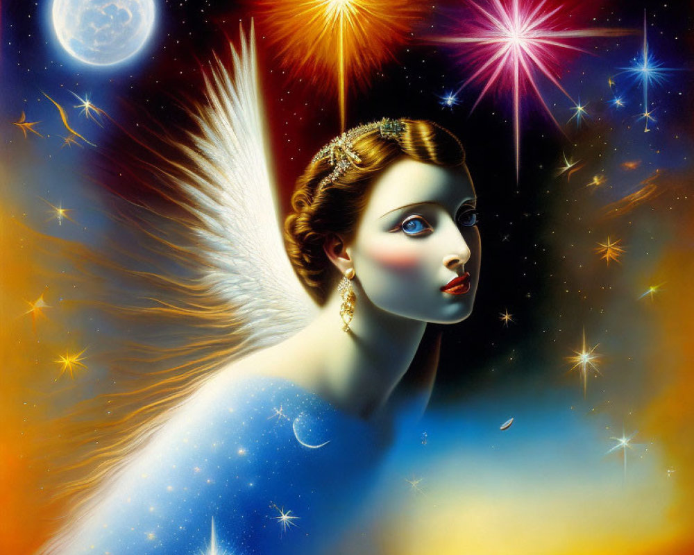 Surreal winged angelic figure in starry night sky