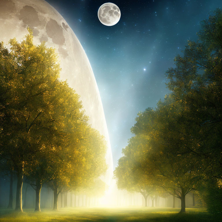 Surreal landscape with oversized full moon and glowing pathway