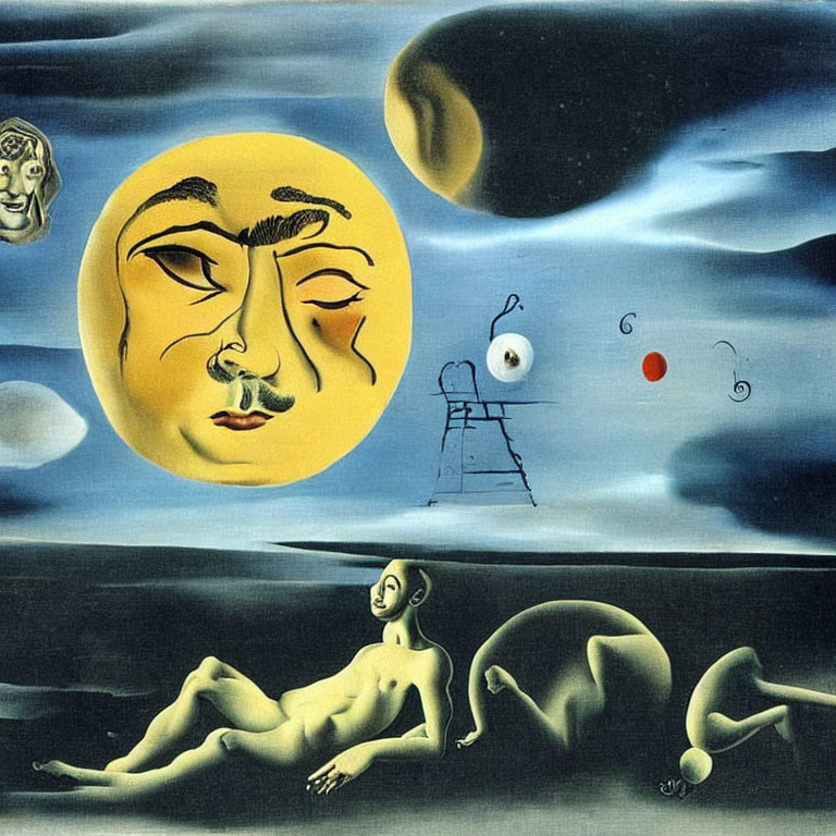 Surrealistic painting: distorted face, yellow sun, abstract shapes, reclining figure, lone