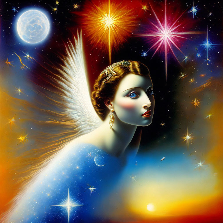 Surreal winged angelic figure in starry night sky